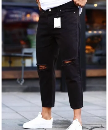 Erkek Siyah Dizi Yırtık Boyfriend Jean