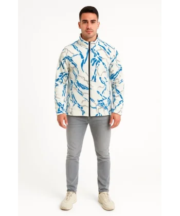 Erkek Tam Fermuarlı Desenli Polar Sweat  Lightning Desen Yakalı, Uzun Kollu, Oversize Rahat Kalıp - Beyaz
