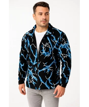 Erkek Tam Fermuarlı Desenli Polar Sweat Lightning Desen Yakalı, Uzun Kollu, Oversize Rahat Kalıp - Siyah