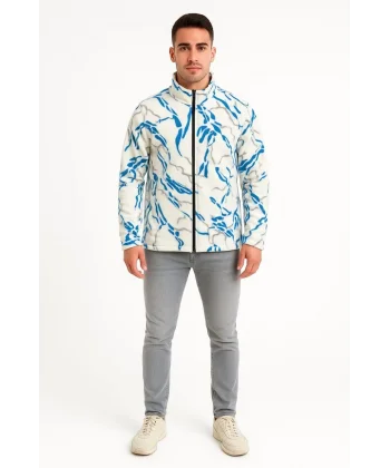Erkek Tam Fermuarlı Desenli Polar Sweat Lightning Desen Yakalı, Uzun Kollu, Oversize Rahat Kalıp - Beyaz