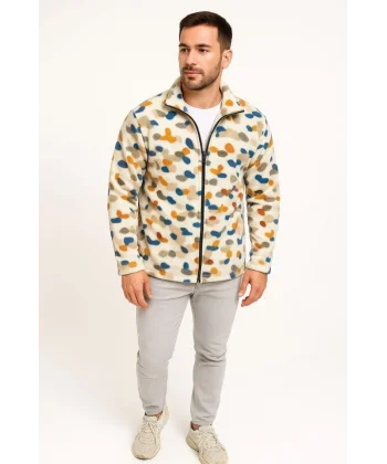 Erkek Tam Fermuarlı Desenli Polar Sweat – Siyah Multicolor Figür Desen Yakalı, Uzun Kollu, Oversize Rahat Kalıp- Beyaz