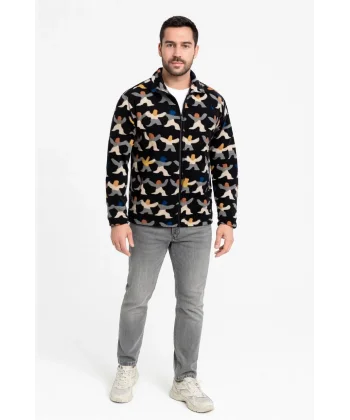 Erkek Tam Fermuarlı Desenli Polar Sweat – Siyah Multicolor Figür Desen Yakalı, Uzun Kollu, Oversize Rahat Kalıp- Siyah