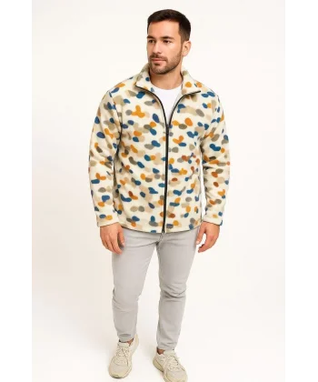 Erkek Tam Fermuarlı Desenli Polar Sweat – Siyah Multicolor Figür Desen Yakalı, Uzun Kollu, Oversize Rahat Kalıp- Beyaz