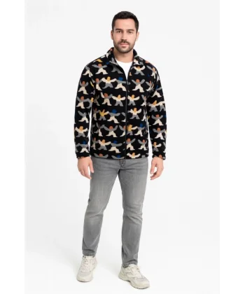 Erkek Tam Fermuarlı Desenli Polar Sweat – Siyah Multicolor Figür Desen Yakalı, Uzun Kollu, Oversize Rahat Kalıp- Siyah
