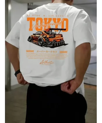 Erkek Turuncu Spor Araba Grafik Tişört - TOKYO Baskılı Günlük Oversize Kısa Kollu Tişört, Yetişkinler için Yazlık Giyim, Turuncu Araba Tasarımı - Beyaz