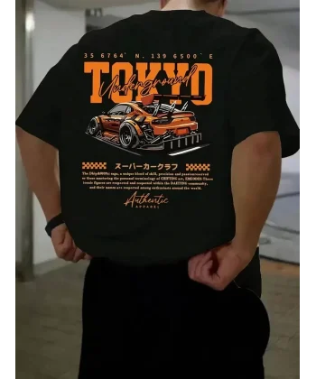 Erkek Turuncu Spor Araba Grafik Tişört - TOKYO Baskılı Günlük Oversize Kısa Kollu Tişört, Yetişkinler için Yazlık Giyim, Turuncu Araba Tasarımı- Siyah