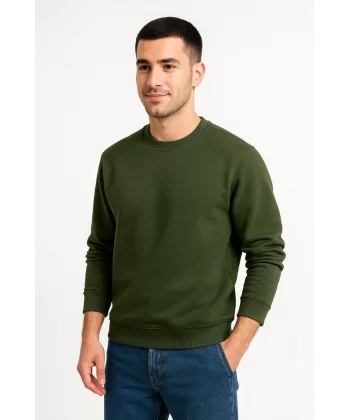 Erkek Üç İplik Düz Bisiklet Yaka SweatShirt - Haki