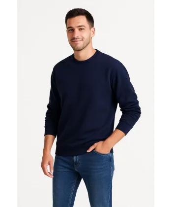 Erkek Üç İplik Düz Bisiklet Yaka SweatShirt - Lacivert