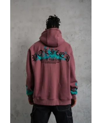 Erkek Üç İplik Içi Pamuklu Alev Baskılı Kapüşonlu Sweatshirt - Gül Kurusu