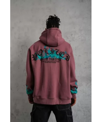 Erkek Üç İplik içi Pamuklu Alev Baskılı Kapüşonlu Sweatshirt - Gül Kurusu