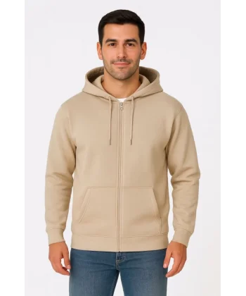 Erkek Üç İplik Kapüşonlu Tam Fermuarlı Kanguru Çepli SweatShirt Hoodie - Bej
