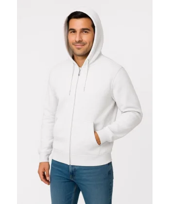 Erkek Üç İplik Kapüşonlu Tam Fermuarlı Kanguru Çepli SweatShirt Hoodie - Beyaz