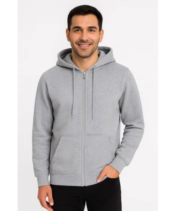 Erkek Üç İplik Kapüşonlu Tam Fermuarlı Kanguru Çepli SweatShirt Hoodie - Gri