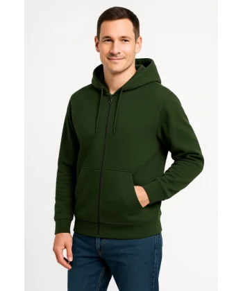 Erkek Üç İplik Kapüşonlu Tam Fermuarlı Kanguru Çepli SweatShirt Hoodie - Haki