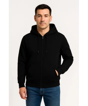 Erkek Üç İplik Kapüşonlu Tam Fermuarlı Kanguru Çepli SweatShirt Hoodie - Siyah