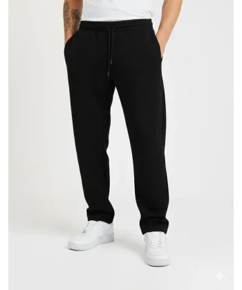 Erkek Üç iplik Kışlık Pamuklu Ovarsize Bağcıklı Düz Paça Cepli Eşofman Altı Spor Rahat Model - Siyah