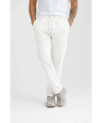 Erkek Üç Iplik Kışlık Pamuklu Ovarsize Bağcıklı Düz Paça Cepli Eşofman Altı Spor Rahat Model - Beyaz