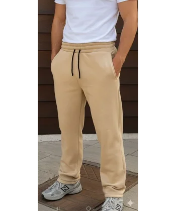 Erkek Üç Iplik Kışlık Pamuklu Ovarsize Bağcıklı Düz Paça Cepli Eşofman Altı Spor Rahat Model - Bej