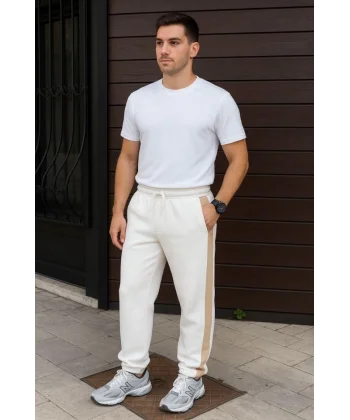 Erkek Üç İplik Kışlık Pamuklu Yandan Garneli Kalın Bej Şeritli Cepli Eşofman Altı - Beyaz