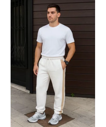 Erkek Üç İplik Kışlık Pamuklu Yandan Garneli Kalın Bej Şeritli Cepli Eşofman Altı - Beyaz