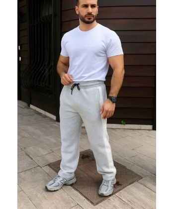 Erkek Üç İplik Kışlık Pamuklu Yandan Garneli Kalın Bej Şeritli Cepli Eşofman Altı - Gri