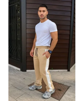 Erkek Üç İplik Kışlık Pamuklu Yandan Garneli Kalın Şeritli Cepli Eşofman Altı - Bej