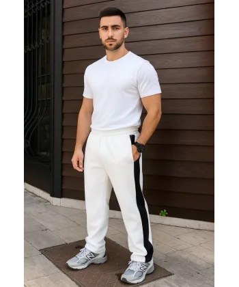 Erkek Üç İplik Kışlık Pamuklu Yandan Garneli Kalın Şeritli Cepli Eşofman Altı - Beyaz