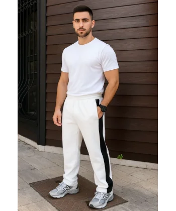 Erkek Üç İplik Kışlık Pamuklu Yandan Garneli Kalın Şeritli Cepli Eşofman Altı - Beyaz