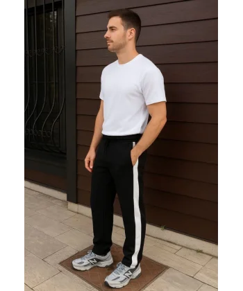 Erkek Üç İplik Kışlık Pamuklu Yandan Garneli Kalın Şeritli Cepli Eşofman Altı - Siyah