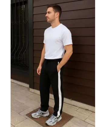 Erkek Üç İplik Kışlık Pamuklu Yandan Garneli Kalın Şeritli Cepli Eşofman Altı - Siyah