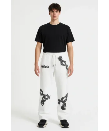 Erkek Üç İplik Pamuklu Baskılı Cepli Jogger Buggy Pantalon Oversize Kalıp - Beyaz