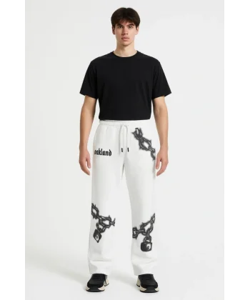 Erkek Üç İplik Pamuklu Baskılı Cepli Jogger Buggy Pantalon Oversize Kalıp - Beyaz