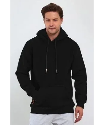 Erkek Uzun Kol Kapşonlu Basic Sweatshirt hoodie - Siyah