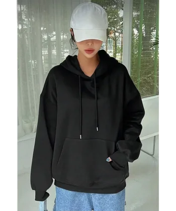 Erkek Uzun Kol Kapşonlu Basic weatshirt Hoodie  iyah