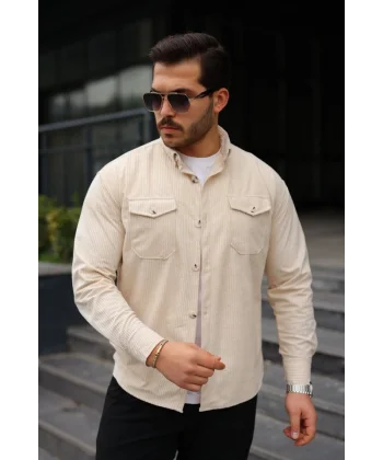 Erkek Uzun Kollu Cepli Kadife Gömlek