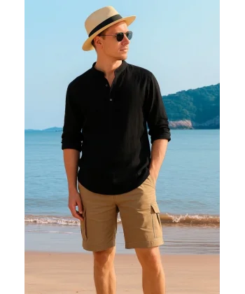 Erkek Uzun Kollu Hakim Yaka Düğmeli Erkek Müslim Gömlek