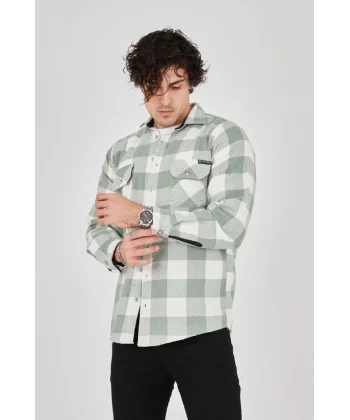 Erkek Uzun Kollu Oduncu Gömlek - Mint Yeşili