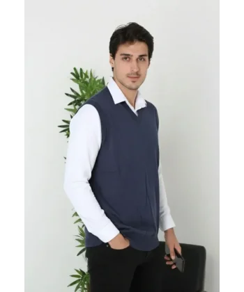 Erkek V Yaka Kolsuz Süveter Triko Kazak Yumuşak Dokulu Pamuklu Ince Dokuma Rahat Regular Kalıp - Lacivert