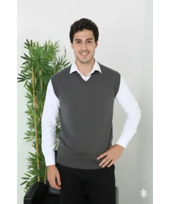 Erkek V Yaka Kolsuz Süveter Triko Kazak Yumuşak Dokulu Pamuklu Ince Dokuma Rahat Regular Kalıp - Füme