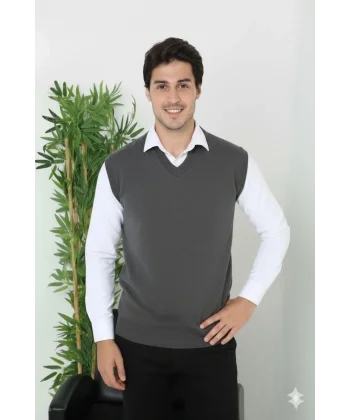 Erkek V Yaka Kolsuz Süveter Triko Kazak yumuşak dokulu Pamuklu ince Dokuma Rahat Regular kalıp - Füme