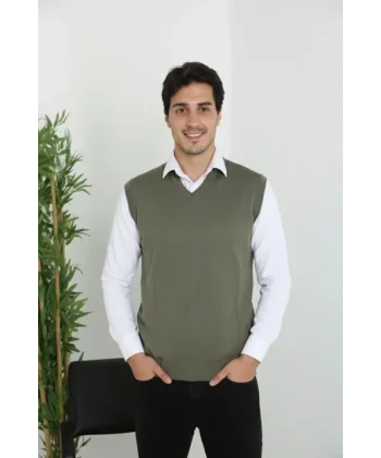 Erkek V Yaka Kolsuz Süveter Triko Kazak Yumuşak Dokulu Pamuklu Ince Dokuma Rahat Regular Kalıp - Haki
