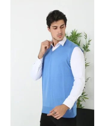 Erkek V Yaka Kolsuz Süveter Triko Kazak Yumuşak Dokulu Pamuklu Ince Dokuma Rahat Regular Kalıp - Mavi