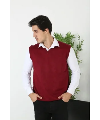 Erkek V Yaka Kolsuz Süveter Triko Kazak Yumuşak Dokulu Pamuklu Ince Dokuma Rahat Regular Kalıp - Bordo