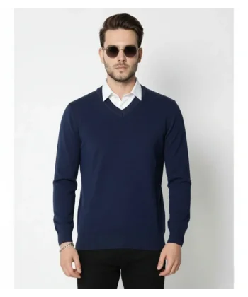 Erkek V Yaka Triko Kazak Yumuşak Dokulu Pamuklu Ince Dokuma, Uzun Kollu Rahat Regular Kalıp - Lacivert