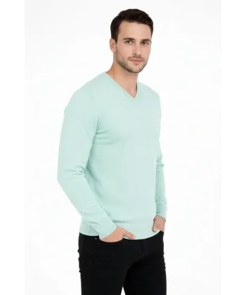 Erkek V Yaka Triko Kazak yumuşak dokulu Pamuklu ince Dokuma, uzun kollu Rahat Regular kalıp - Mint Yeşili