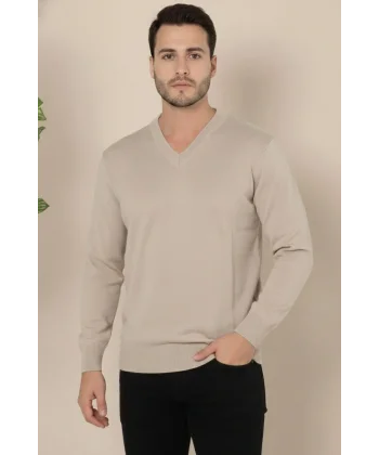 Erkek V Yaka Triko Kazak yumuşak dokulu Pamuklu ince Dokuma, uzun kollu Rahat Regular kalıp - Bej
