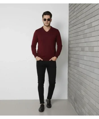 Erkek V Yaka Triko Kazak Yumuşak Dokulu Pamuklu Ince Dokuma, Uzun Kollu Rahat Regular Kalıp - Bordo