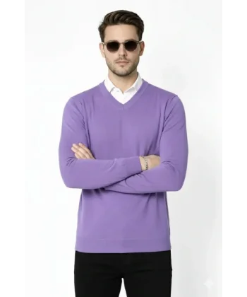 Erkek V Yaka Triko Kazak Yumuşak Dokulu Pamuklu Ince Dokuma, Uzun Kollu Rahat Regular Kalıp - Mor