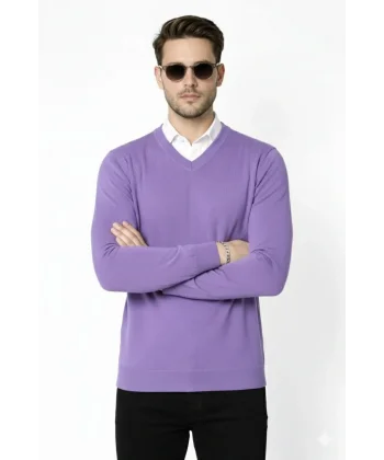Erkek V Yaka Triko Kazak yumuşak dokulu Pamuklu ince Dokuma, uzun kollu Rahat Regular kalıp - Mor