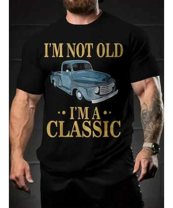 Erkek Vintage Araba Grafik T-Shirt - Ben Yaşlı Değilim Ben Bir Klasiğim Esprili Baskı  Nefes Alabilir Kumaş, Günlük Yaz ve Yıl Boyu Giyim için Oversize Kısa Kollu Tişört - Siyah